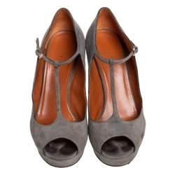 Gucci Grey Suede Platform Peep Toe Ankle Strap Sandals  Size 39