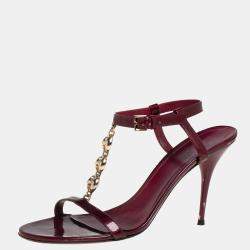 Pre Owned Gucci Maroon Patent Leather Chain T-Strap Ankle Strap Sandals Size 40