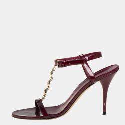 Pre Owned Gucci Maroon Patent Leather Chain T-Strap Ankle Strap Sandals Size 40