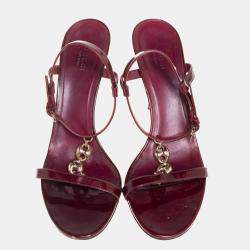 Pre Owned Gucci Maroon Patent Leather Chain T-Strap Ankle Strap Sandals Size 40