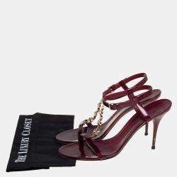 Pre Owned Gucci Maroon Patent Leather Chain T-Strap Ankle Strap Sandals Size 40