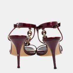 Pre Owned Gucci Maroon Patent Leather Chain T-Strap Ankle Strap Sandals Size 40