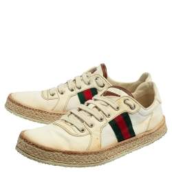 Pre Owned Gucci Off White Canvas Web Low Top Espadrille Sneakers Size 40