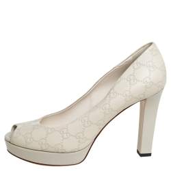 مملوكة مسبقًا Gucci Grey Guccissima Leather Peep Toe Platform Pumps Size 39.5