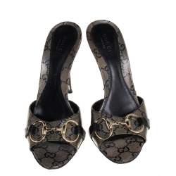 Pre Owned Gucci Black/Gold GG Coated Canvas Horsebit Sandals Size 36.5