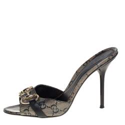 Pre Owned Gucci Black/Gold GG Coated Canvas Horsebit Sandals Size 36.5