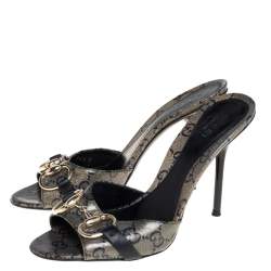 Pre Owned Gucci Black/Gold GG Coated Canvas Horsebit Sandals Size 36.5