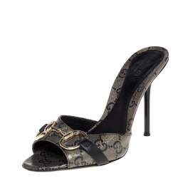 Pre Owned Gucci Black/Gold GG Coated Canvas Horsebit Sandals Size 36.5