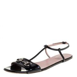 Pre Owned صندل غوتشي مزين هورسبيت جلد لامع أسود مقاس 38.5