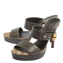 Pre Owned Gucci Olive Green Leather Bamboo Slide Sandals Size 36