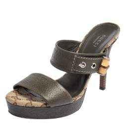 Pre Owned Gucci Olive Green Leather Bamboo Slide Sandals Size 36