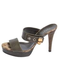 Pre Owned Gucci Olive Green Leather Bamboo Slide Sandals Size 36