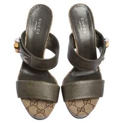 Pre Owned Gucci Olive Green Leather Bamboo Slide Sandals Size 36