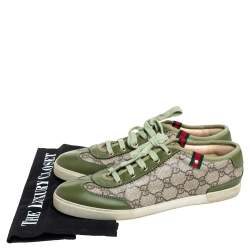 مملوكة مسبقًا Gucci Green Leather And Brown/Beige GG Supreme Canvas Low Top Sneakers Size 38