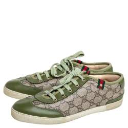 مملوكة مسبقًا Gucci Green Leather And Brown/Beige GG Supreme Canvas Low Top Sneakers Size 38