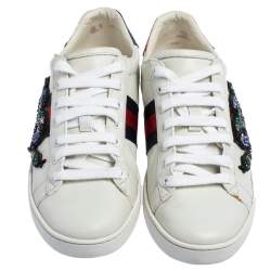 مملوكة مسبقًا Gucci White Leather Snake Embroidered Ace Sneakers Size 38