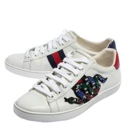 مملوكة مسبقًا Gucci White Leather Snake Embroidered Ace Sneakers Size 38
