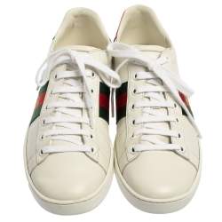 Pre Owned Gucci White Leather And Python Embossed Leather Ace Bee Web Low Top Sneaker Size 37.5
