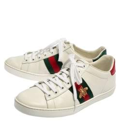 Pre Owned Gucci White Leather And Python Embossed Leather Ace Bee Web Low Top Sneaker Size 37.5
