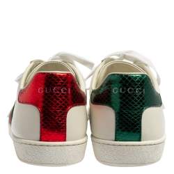 Pre Owned Gucci White Leather And Python Embossed Leather Ace Bee Web Low Top Sneaker Size 37.5