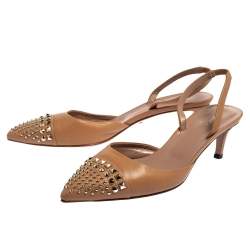 Pre Owned Gucci Beige Leather Studded Pointed Toe Slingback Sandals Size 38.5