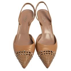 Pre Owned Gucci Beige Leather Studded Pointed Toe Slingback Sandals Size 38.5