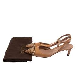 Pre Owned Gucci Beige Leather Studded Pointed Toe Slingback Sandals Size 38.5