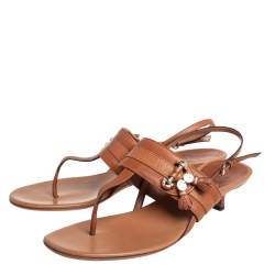 Pre Owned Gucci Brown Leather Marrakech Kitten Heel Ankle Strap Sandals Size 40