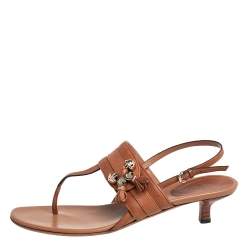 Pre Owned Gucci Brown Leather Marrakech Kitten Heel Ankle Strap Sandals Size 40