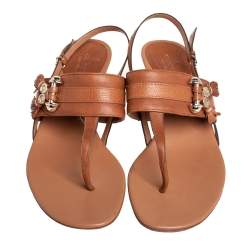 Pre Owned Gucci Brown Leather Marrakech Kitten Heel Ankle Strap Sandals Size 40