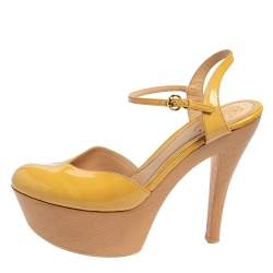 Gucci Yellow Patent Leather Platform Ankle Strap Sandals Size 38.5