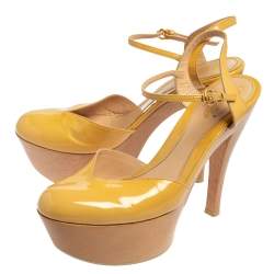 Gucci Yellow Patent Leather Platform Ankle Strap Sandals Size 38.5