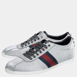 Gucci Silver Glitter Web Stud Embellished Sneakers Size 39