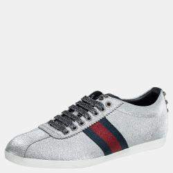 Gucci Silver Glitter Web Stud Embellished Sneakers Size 39