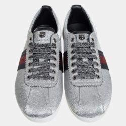 Gucci Silver Glitter Web Stud Embellished Sneakers Size 39