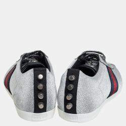 Gucci Silver Glitter Web Stud Embellished Sneakers Size 39