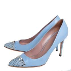 Pre Owned حذاء كعب عالي غوتشي مقدمة مدببة مرصع جلد أزرق مقاس 38