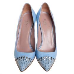 Pre Owned حذاء كعب عالي غوتشي مقدمة مدببة مرصع جلد أزرق مقاس 38