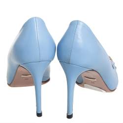 Pre Owned حذاء كعب عالي غوتشي مقدمة مدببة مرصع جلد أزرق مقاس 38