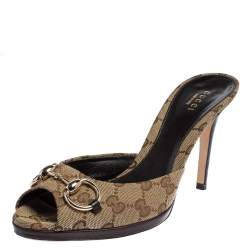 Pre Owned Gucci Beige GG Canvas Horsebit Open Toe Sandals Size 39