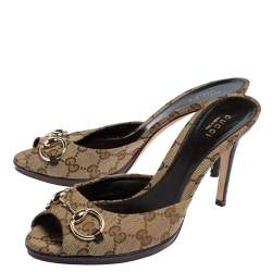 Pre Owned Gucci Beige GG Canvas Horsebit Open Toe Sandals Size 39