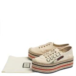 Pre Owned Gucci Beige Canvas Platform Espadrille Lace Up Sneakers Size  36
