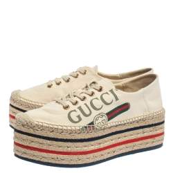 Pre Owned Gucci Beige Canvas Platform Espadrille Lace Up Sneakers Size  36