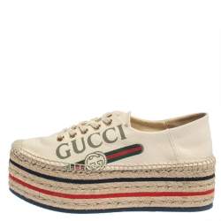 Pre Owned Gucci Beige Canvas Platform Espadrille Lace Up Sneakers Size  36