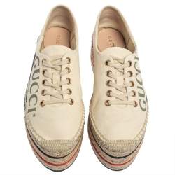 Pre Owned Gucci Beige Canvas Platform Espadrille Lace Up Sneakers Size  36