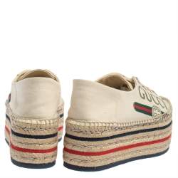 Pre Owned Gucci Beige Canvas Platform Espadrille Lace Up Sneakers Size  36