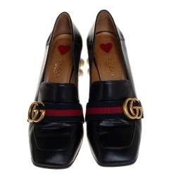 مملوكة مسبقًا Gucci Black Leather Peyton GG Web Detail Pearl Studded Pumps Size 35.5