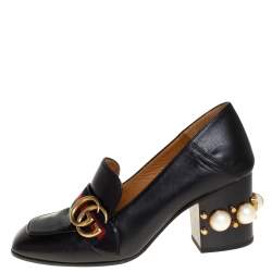 مملوكة مسبقًا Gucci Black Leather Peyton GG Web Detail Pearl Studded Pumps Size 35.5