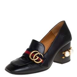 مملوكة مسبقًا Gucci Black Leather Peyton GG Web Detail Pearl Studded Pumps Size 35.5