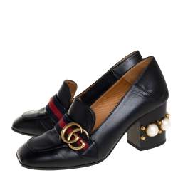 مملوكة مسبقًا Gucci Black Leather Peyton GG Web Detail Pearl Studded Pumps Size 35.5